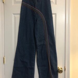 VTG Fervour Wide Leg Dark Blue Jeans with Curved Rainbow Stitching